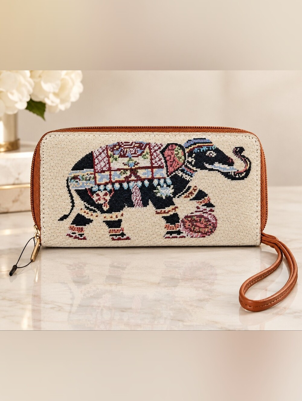 Like New Elephant Tapestry Wristlet Wallet Brown Leather Trim Boho